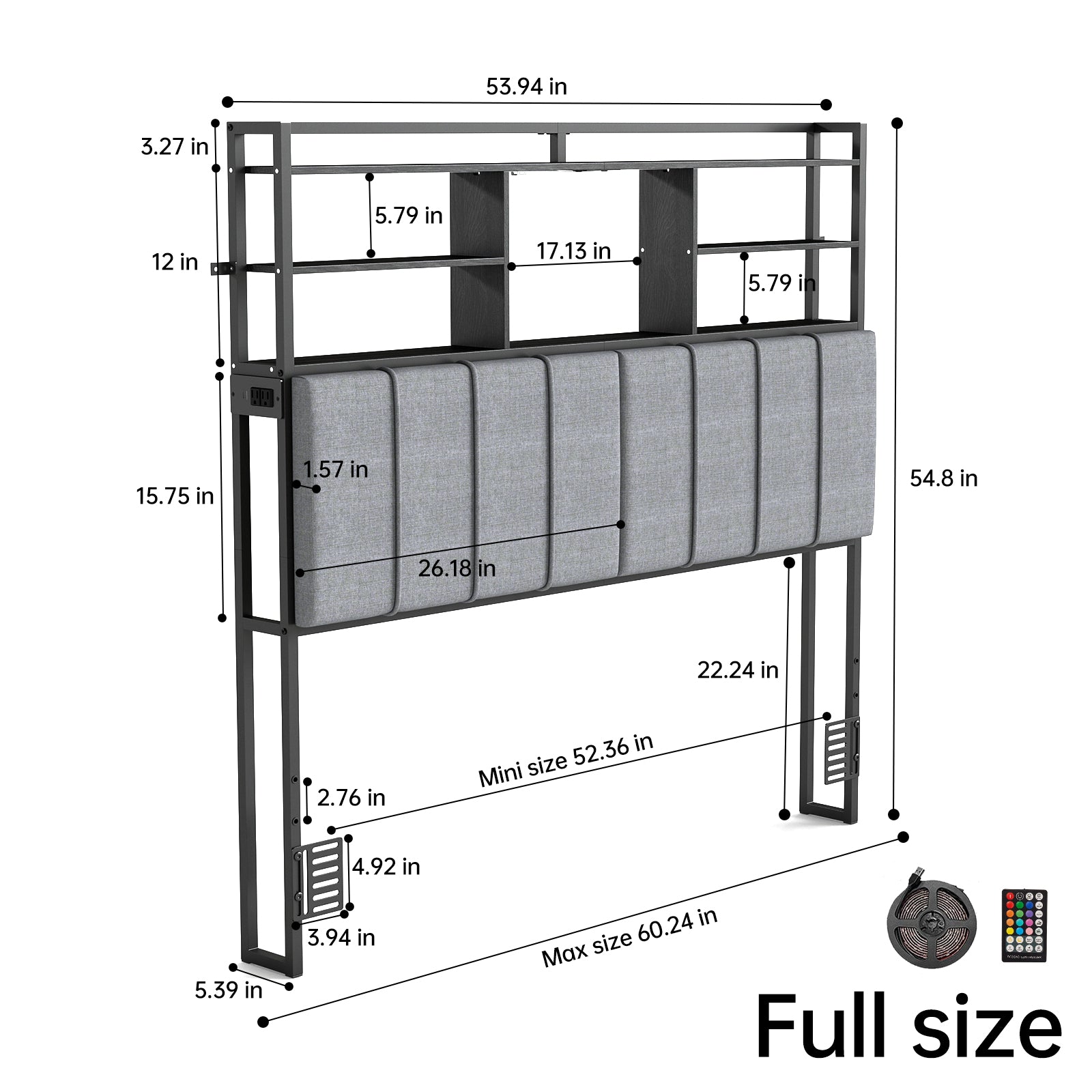 Upholstered Headboard with RGB LED & 5 Storage Cubes – USB / Type-C / Outlets – Twin to King