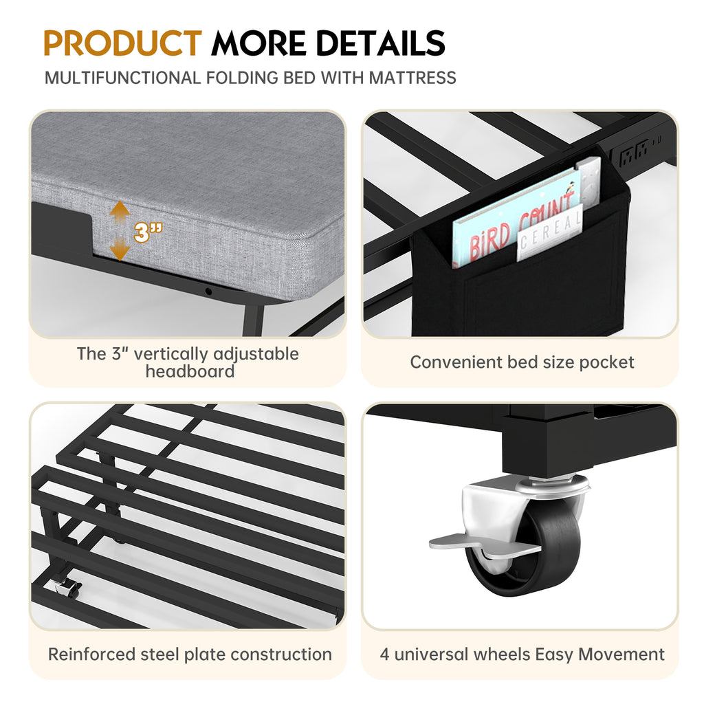 Folding metal bed frame with charging station and memory foam mattress—includes headboard