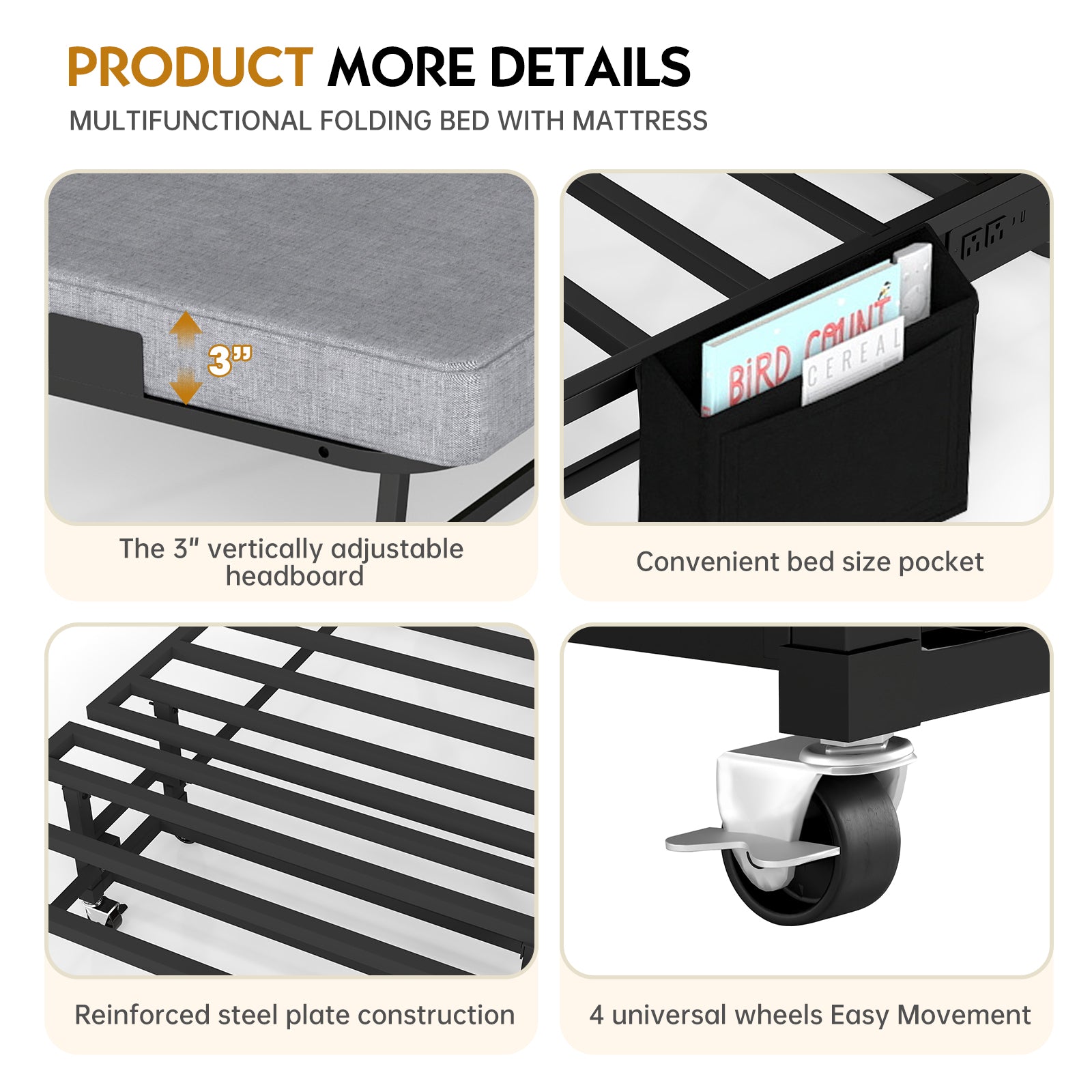 Folding metal bed frame with charging station and memory foam mattress—includes headboard