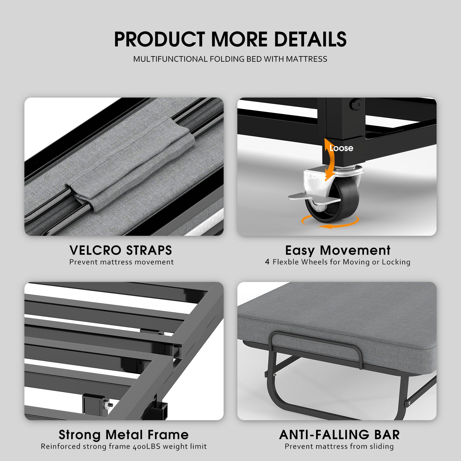 Foldable Guest Bed with Mattress – Rolling Folding Bed Frame with Locking Wheels – Guest & Roll Away Bed