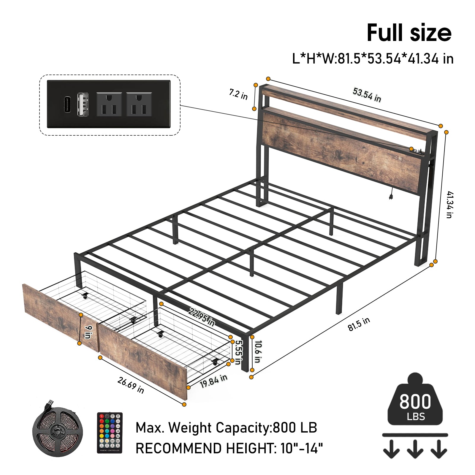 Retro Brown Storage Bed Frame with RGB LED & USB Charging – Full / Queen