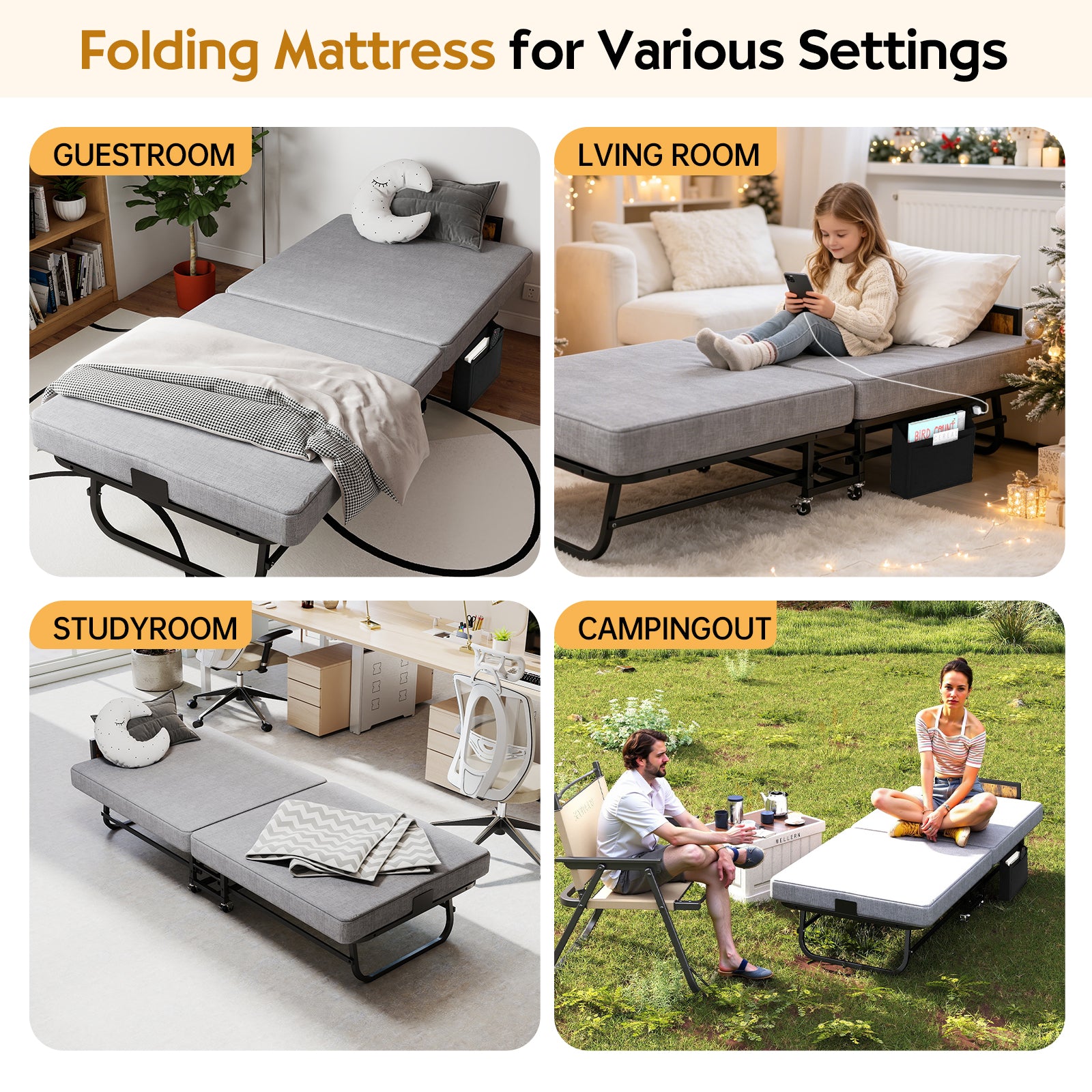 Folding metal bed frame with charging station and memory foam mattress—includes headboard