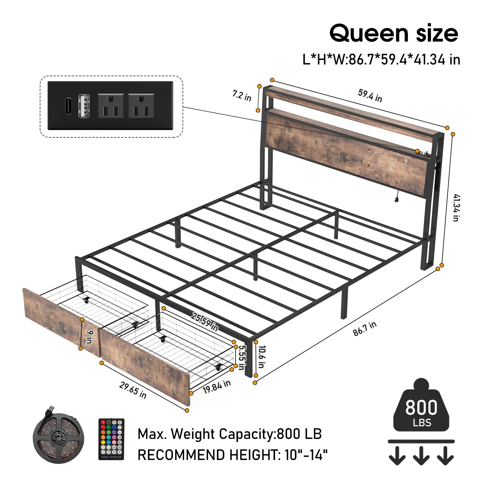 Retro Brown Storage Bed Frame with RGB LED & USB Charging – Full / Queen