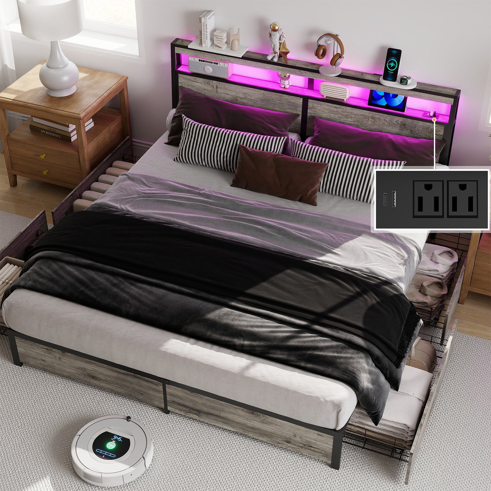 Rustic Grey Smart Bed Frame – RGB LED, 4 Drawers, USB & Outlet – No Box Spring – Full / Queen / King