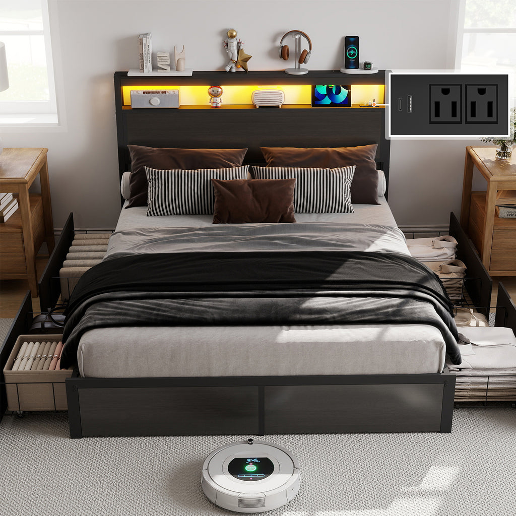 Smart RGB LED Storage Bed Frame with USB & Outlets – Charcoal Grey