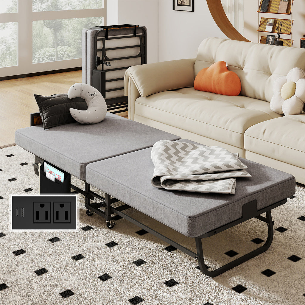 Folding metal bed frame with charging station and memory foam mattress—includes headboard