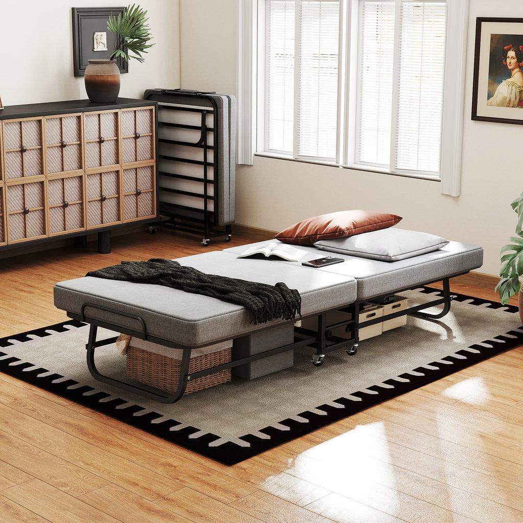 Foldable Guest Bed with Mattress – Rolling Folding Bed Frame with Locking Wheels – Guest & Roll Away Bed