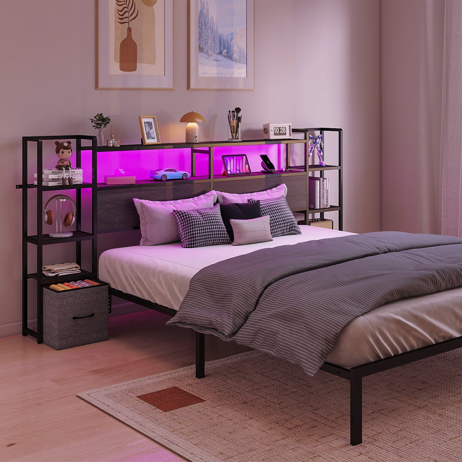Rustic Grey Headboard with RGB LED, Charging Station,3 Tier Storage Shelves  & 2 Drawers – Fits Full/Queen/King