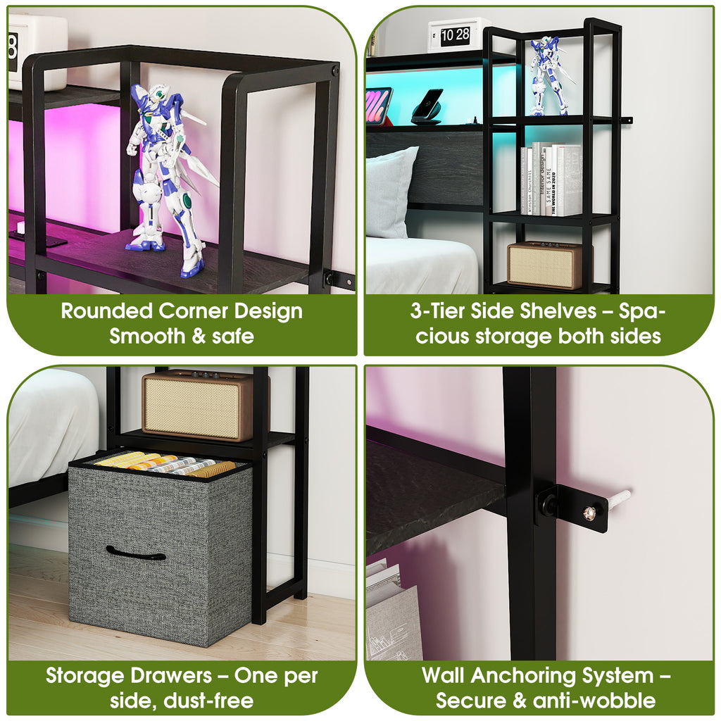 Rustic Grey Headboard with RGB LED, Charging Station,3 Tier Storage Shelves  & 2 Drawers – Fits Full/Queen/King