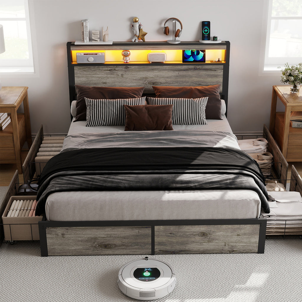 Rustic Grey Smart Bed Frame – RGB LED, 4 Drawers, USB & Outlet – No Box Spring – Full / Queen / King