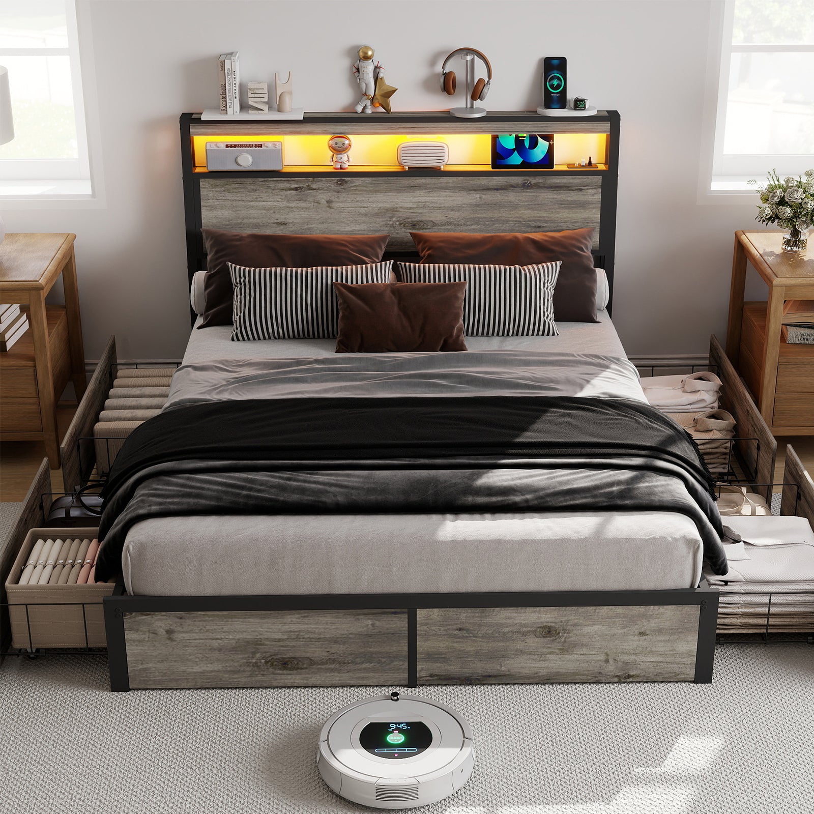 Rustic Grey Smart Bed Frame – RGB LED, 4 Drawers, USB & Outlet – No Box Spring – Full / Queen / King