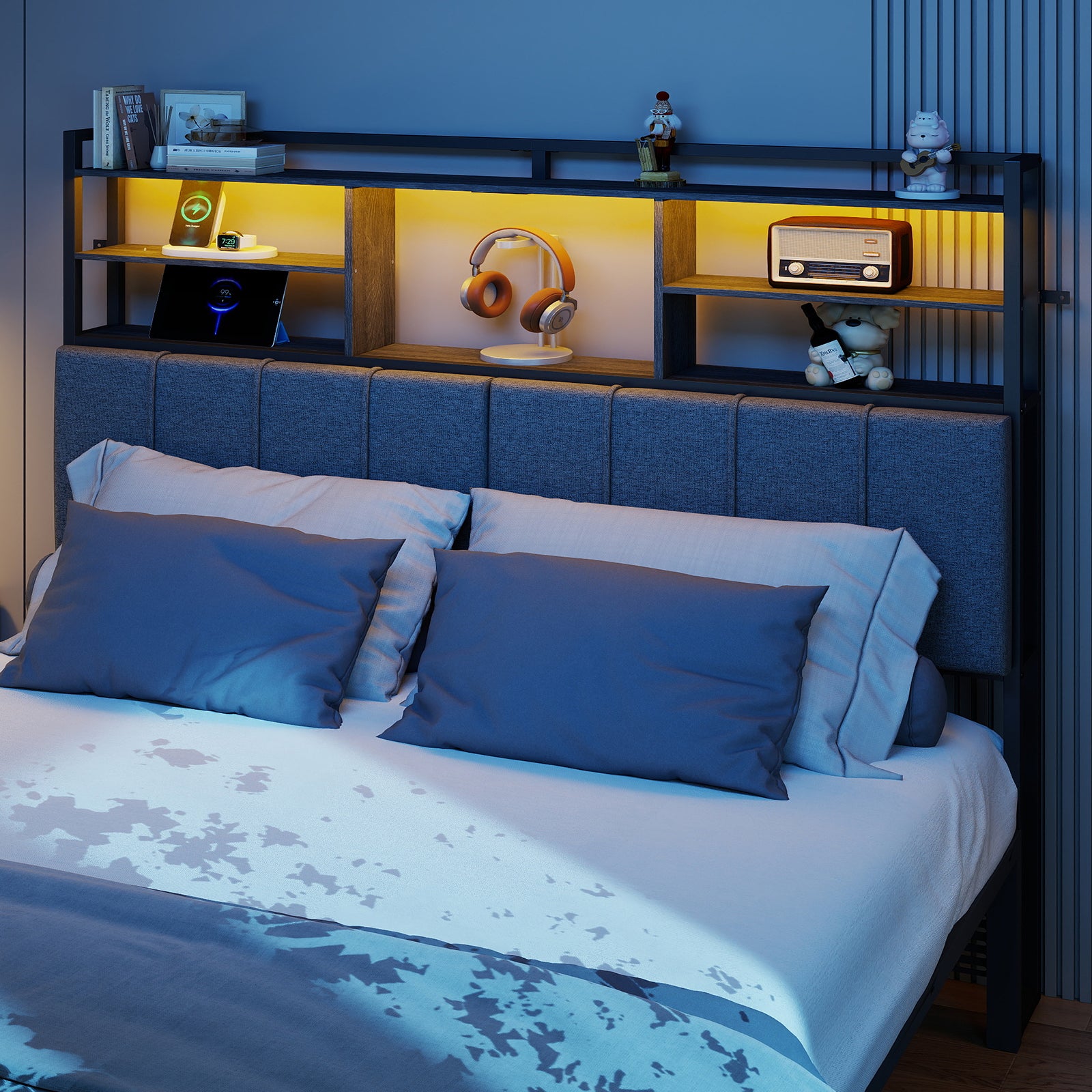 Upholstered Headboard with RGB LED & 5 Storage Cubes – USB / Type-C / Outlets – Twin to King