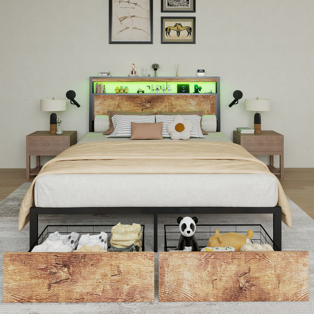 Retro Brown Storage Bed Frame with RGB LED & USB Charging – Full / Queen