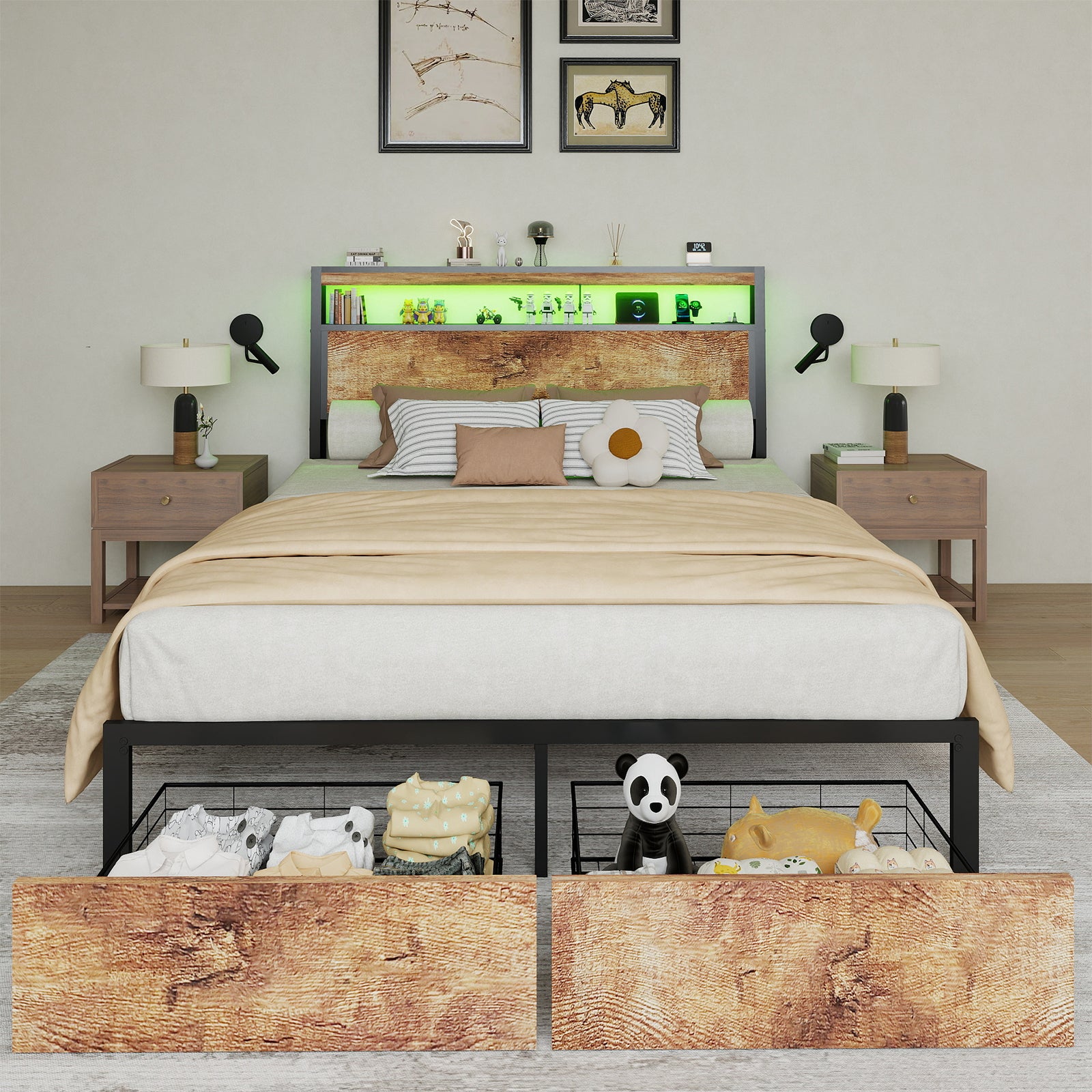 Retro Brown Storage Bed Frame with RGB LED & USB Charging – Full / Queen