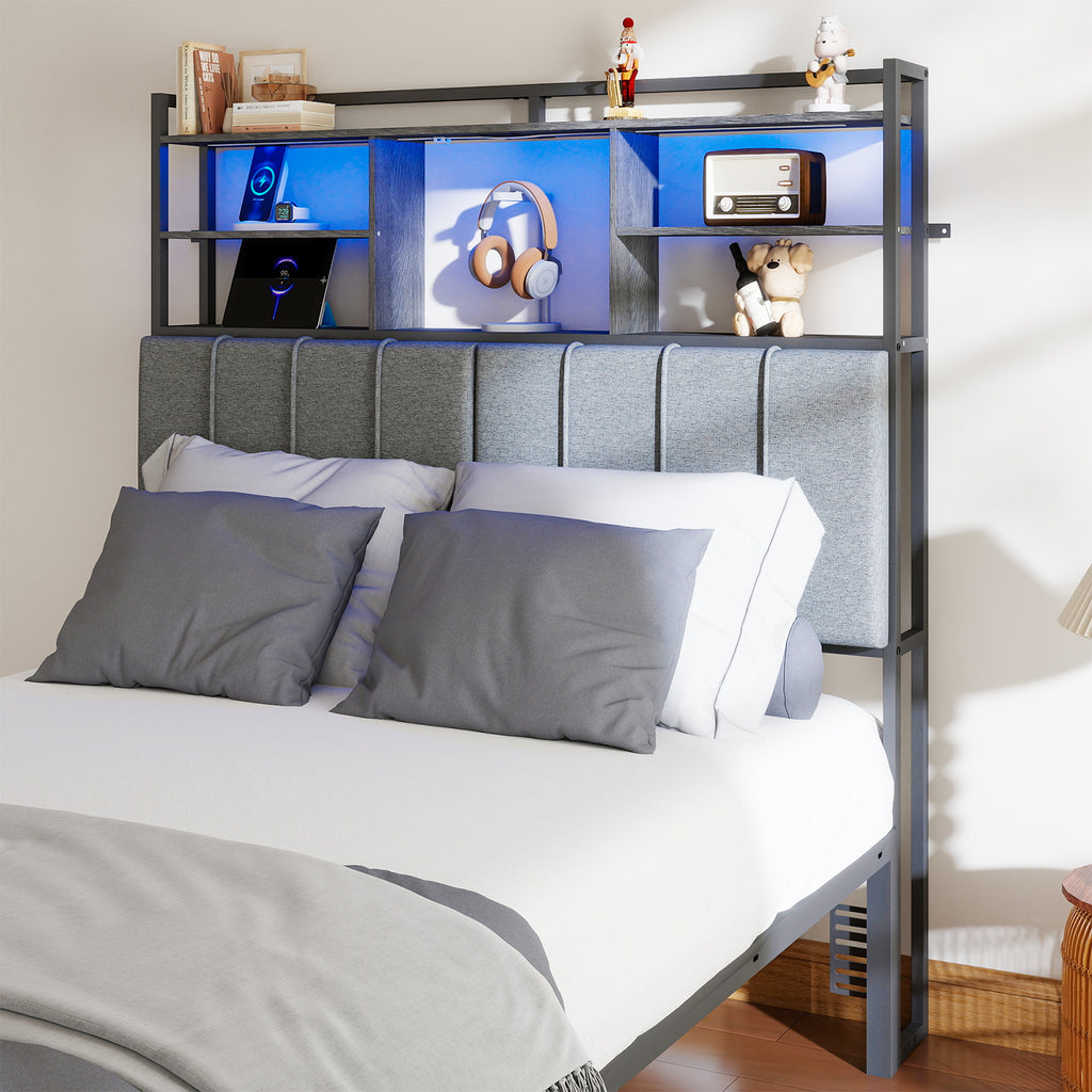 Upholstered Headboard with RGB LED & 5 Storage Cubes – USB / Type-C / Outlets – Twin to King