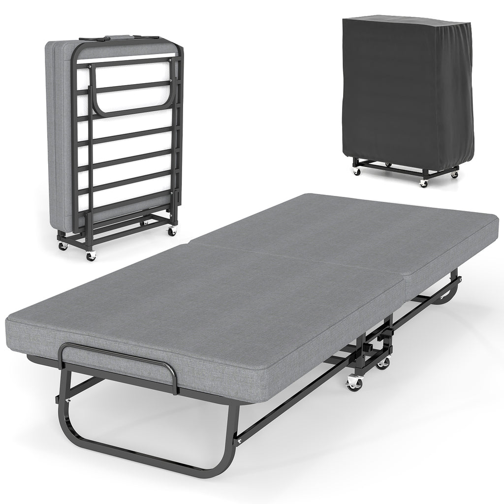 Foldable Guest Bed with Mattress – Rolling Folding Bed Frame with Locking Wheels – Guest & Roll Away Bed