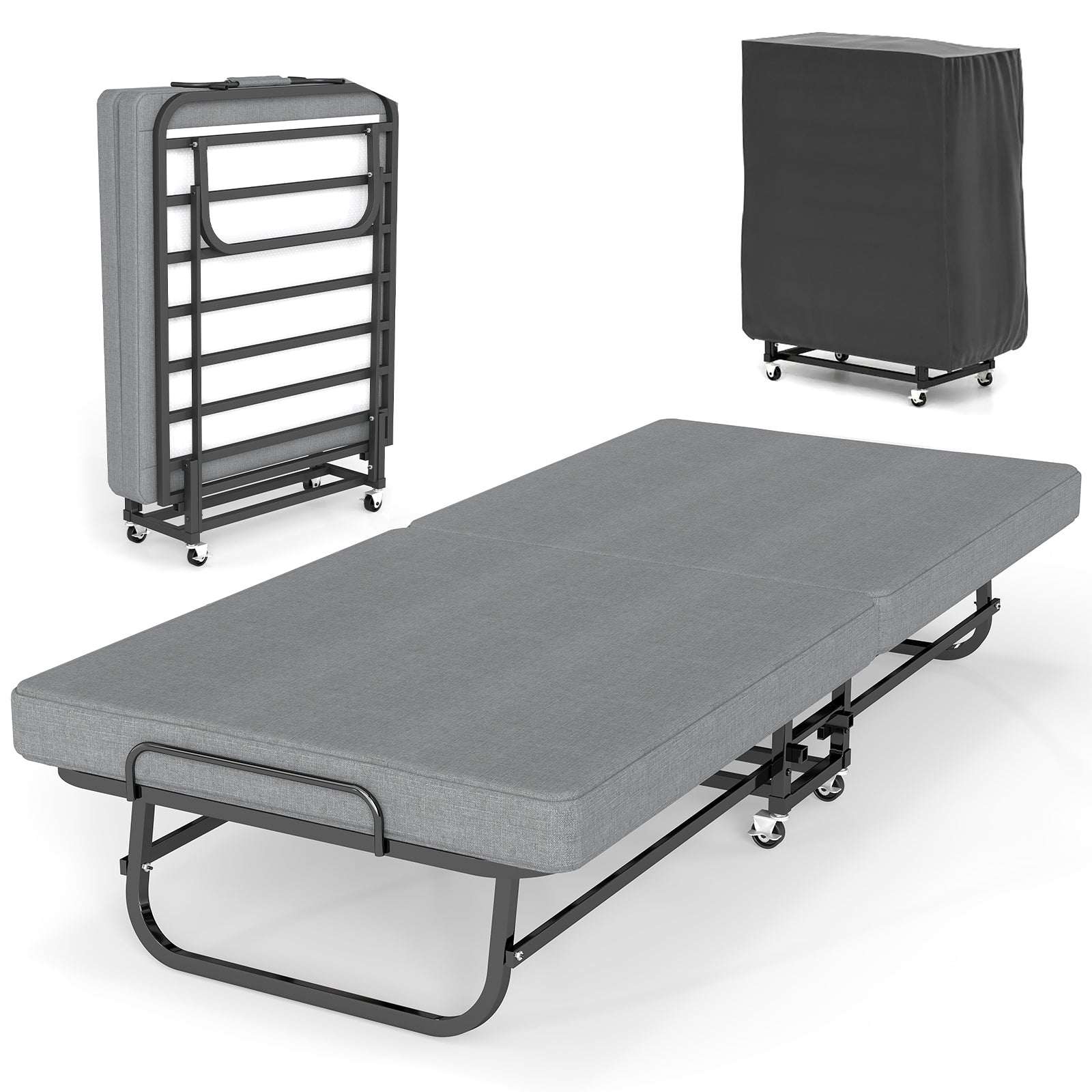 Foldable Guest Bed with Mattress – Rolling Folding Bed Frame with Locking Wheels – Guest & Roll Away Bed