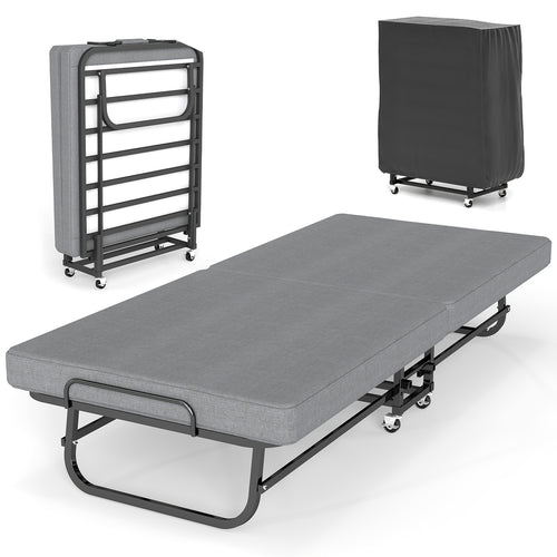 Foldable Guest Bed with Mattress – Rolling Folding Bed Frame with Locking Wheels – Guest & Roll Away Bed