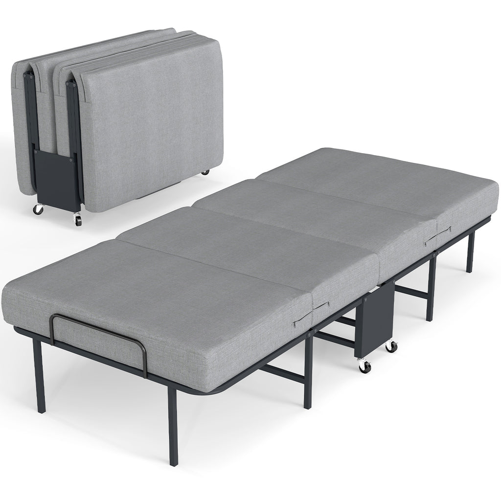 Folding Bed with Mattress, 4-Fold Metal Frame with Locking Wheels – Space Saving for Adults & College Students