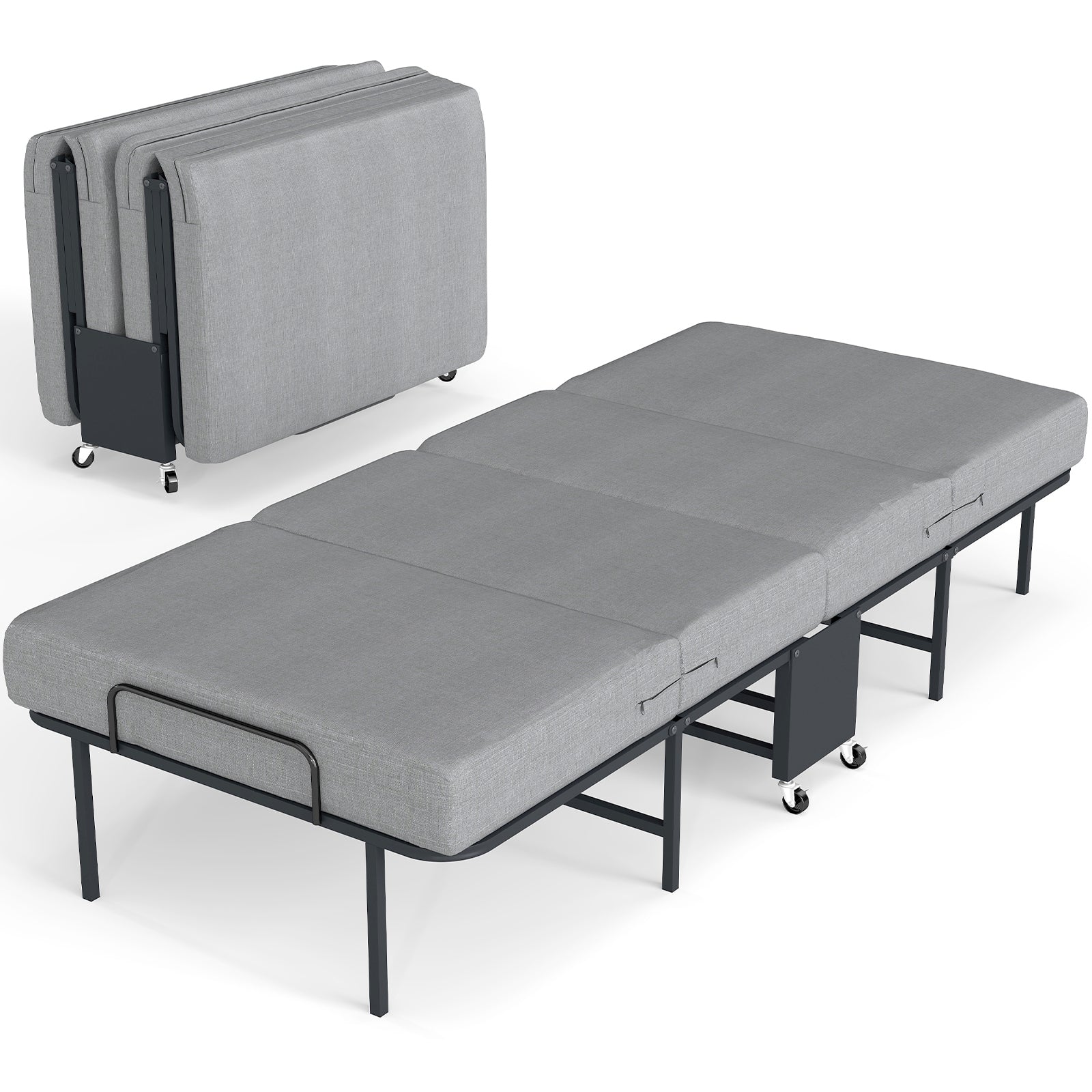 Folding Bed with Mattress, 4-Fold Metal Frame with Locking Wheels – Space Saving for Adults & College Students