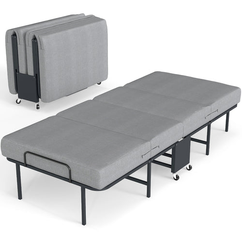 Folding Bed with Mattress, 4-Fold Metal Frame with Locking Wheels – Space Saving for Adults & College Students