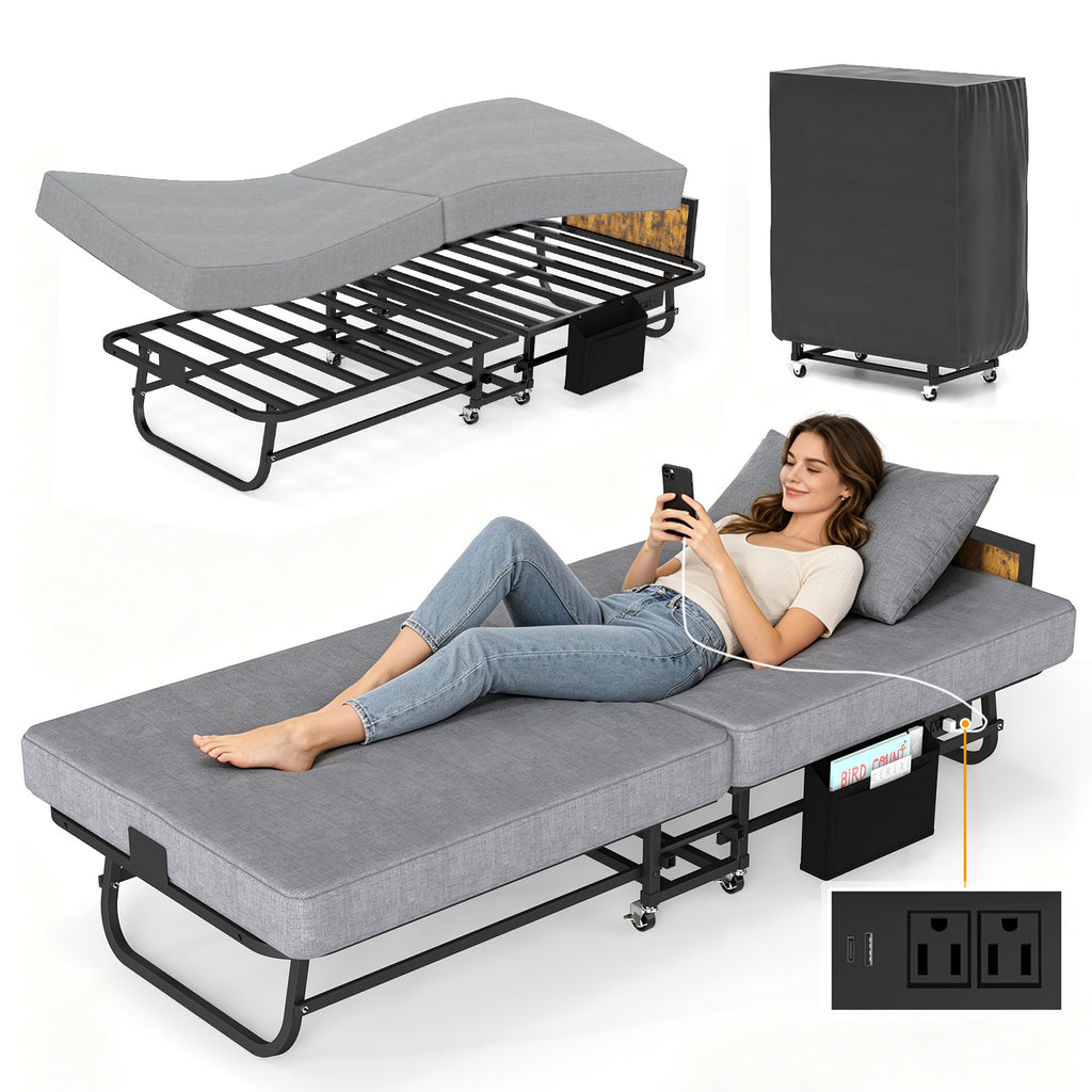 Folding metal bed frame with charging station and memory foam mattress—includes headboard