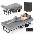 Folding metal bed frame with charging station and memory foam mattress—includes headboard