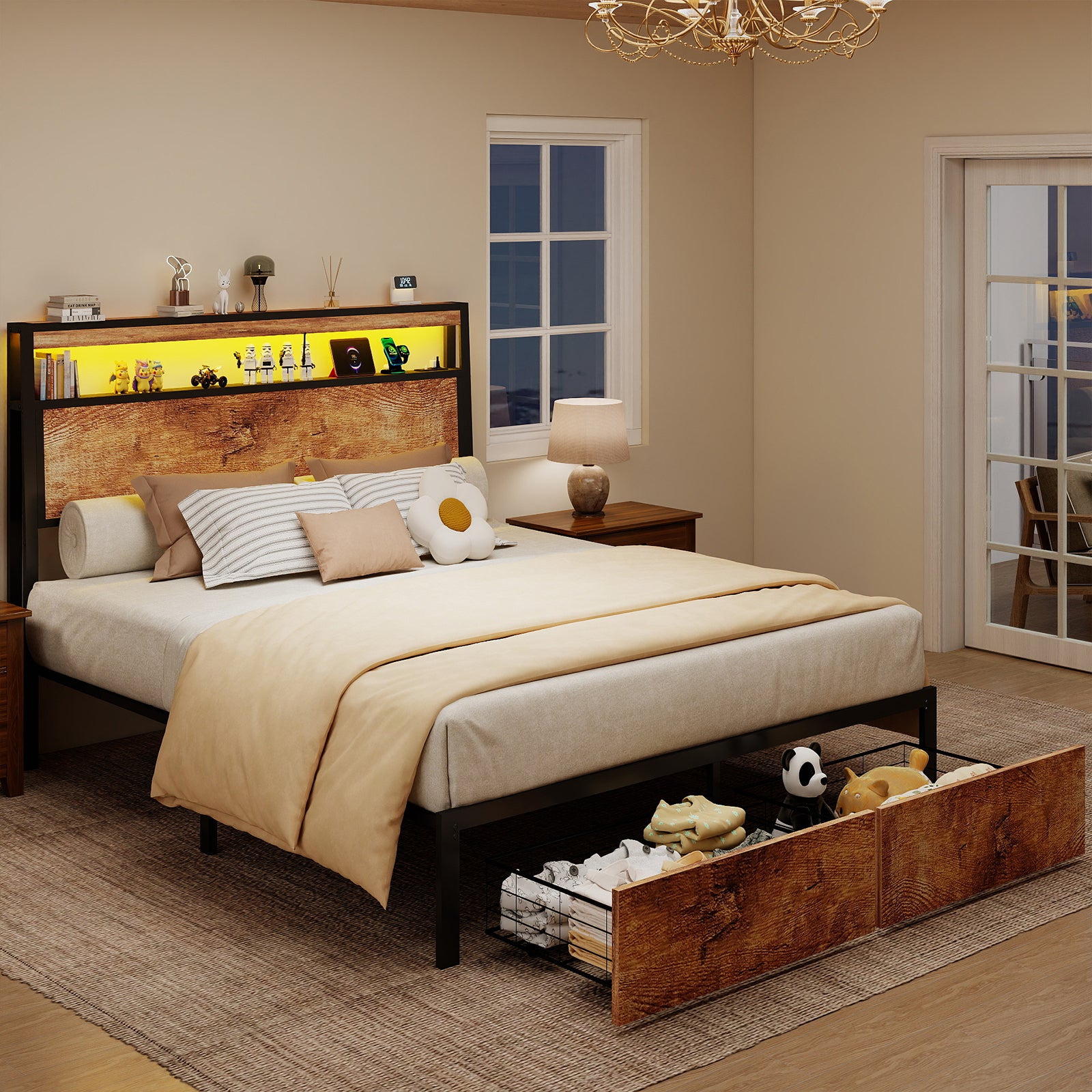 Retro Brown Storage Bed Frame with RGB LED & USB Charging – Full / Queen