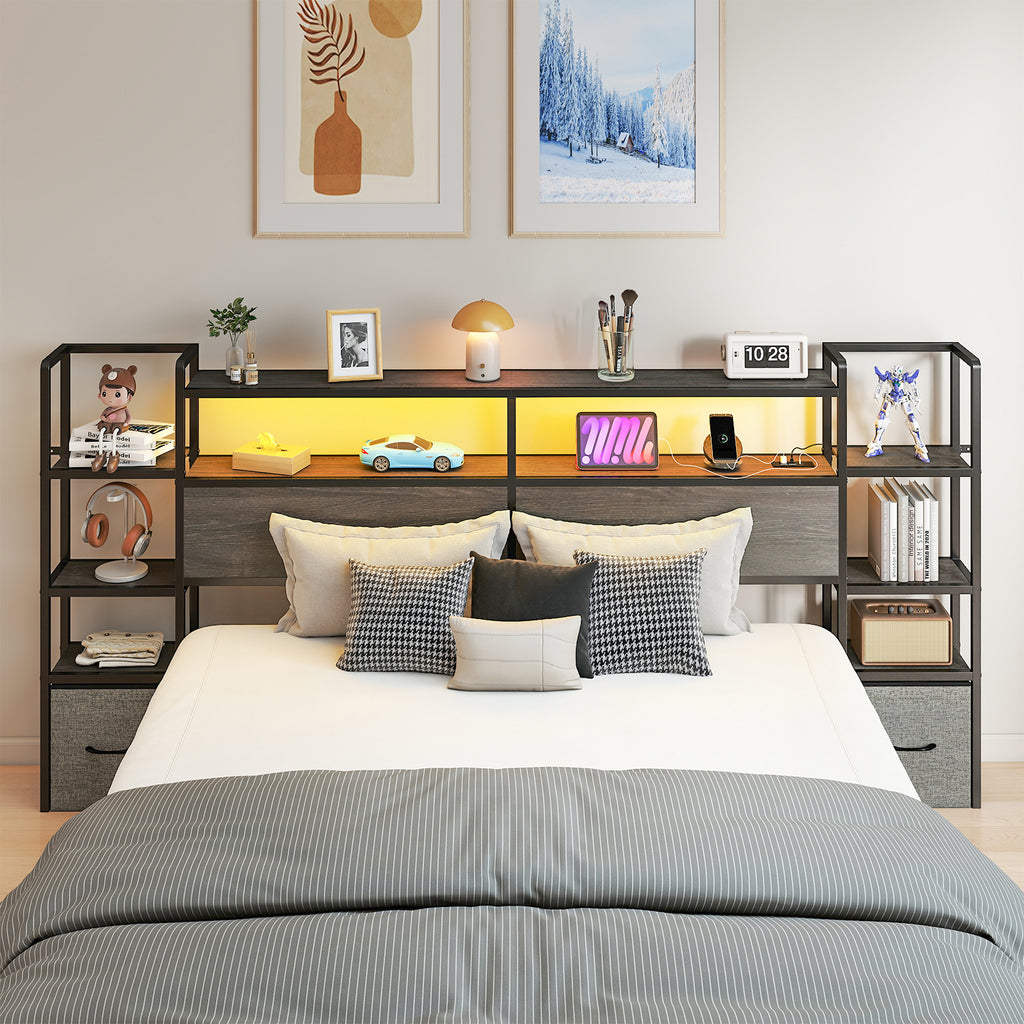 Rustic Grey Headboard with RGB LED, Charging Station,3 Tier Storage Shelves  & 2 Drawers – Fits Full/Queen/King