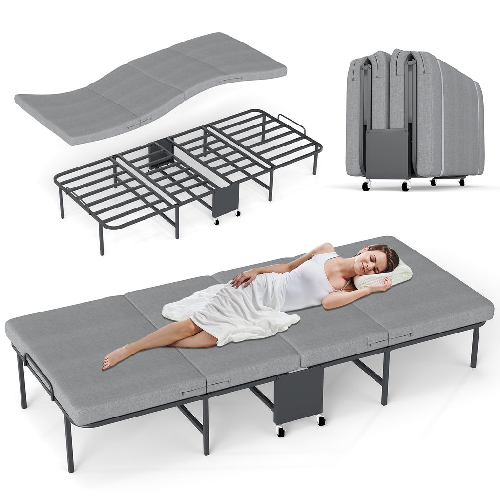 Folding Bed with Mattress, 4-Fold Metal Frame with Locking Wheels – Space Saving for Adults & College Students
