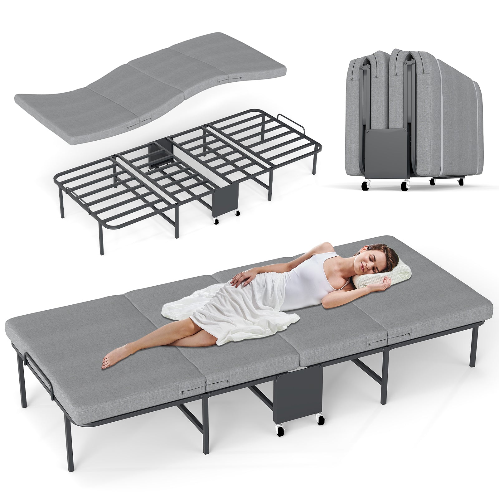 Folding Bed with Mattress, 4-Fold Metal Frame with Locking Wheels – Space Saving for Adults & College Students