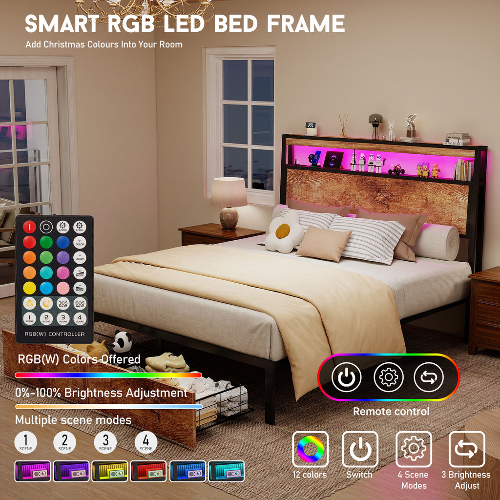 Retro Brown Storage Bed Frame with RGB LED & USB Charging – Full / Queen