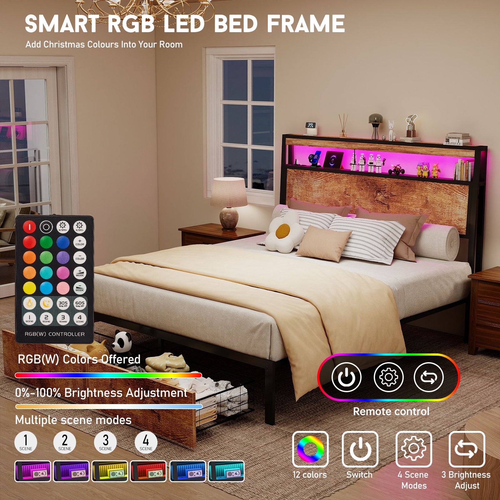 Retro Brown Storage Bed Frame with RGB LED & USB Charging – Full / Queen