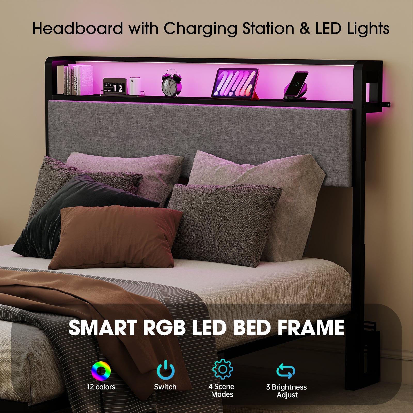 Convertible Reversible Headboard with RGB LED & Charging Station - twin/full/queen