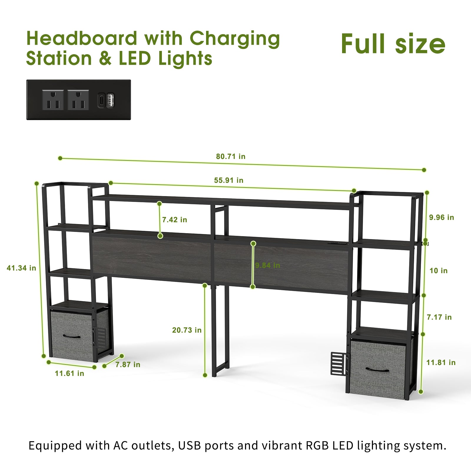 Rustic Grey Headboard with RGB LED, Charging Station,3 Tier Storage Shelves  & 2 Drawers – Fits Full/Queen/King