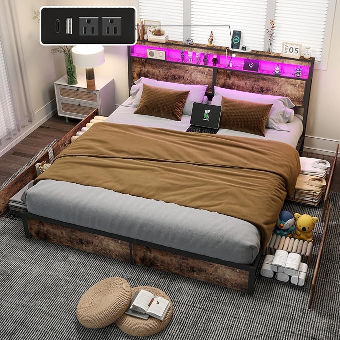 Full Size Lift Up Storage Bed Frame with Charging Station