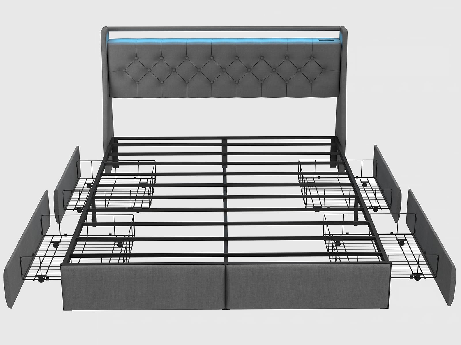 Queen Bed Frame with Storage Headboard and Drawers, Bed Frame Platform with LED Light, Charging Station, No Box Spring Needed, Noise Free, Easy Assembly, Grey