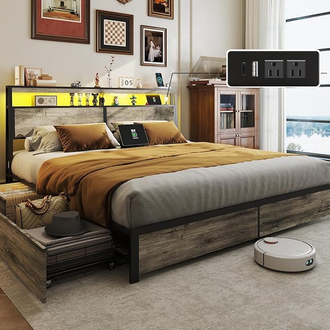 Full Size Lift Up Storage Bed Frame with Charging Station
