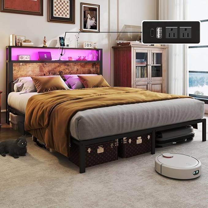 Full Size Lift Up Storage Bed Frame with Charging Station
