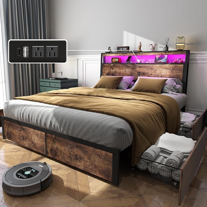 Full Size Lift Up Storage Bed Frame with Charging Station