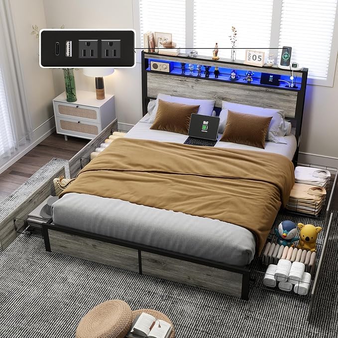 Full Size Lift Up Storage Bed Frame with Charging Station