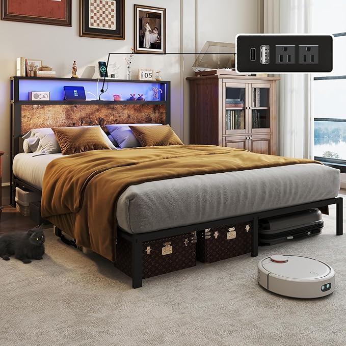 Full Size Lift Up Storage Bed Frame with Charging Station