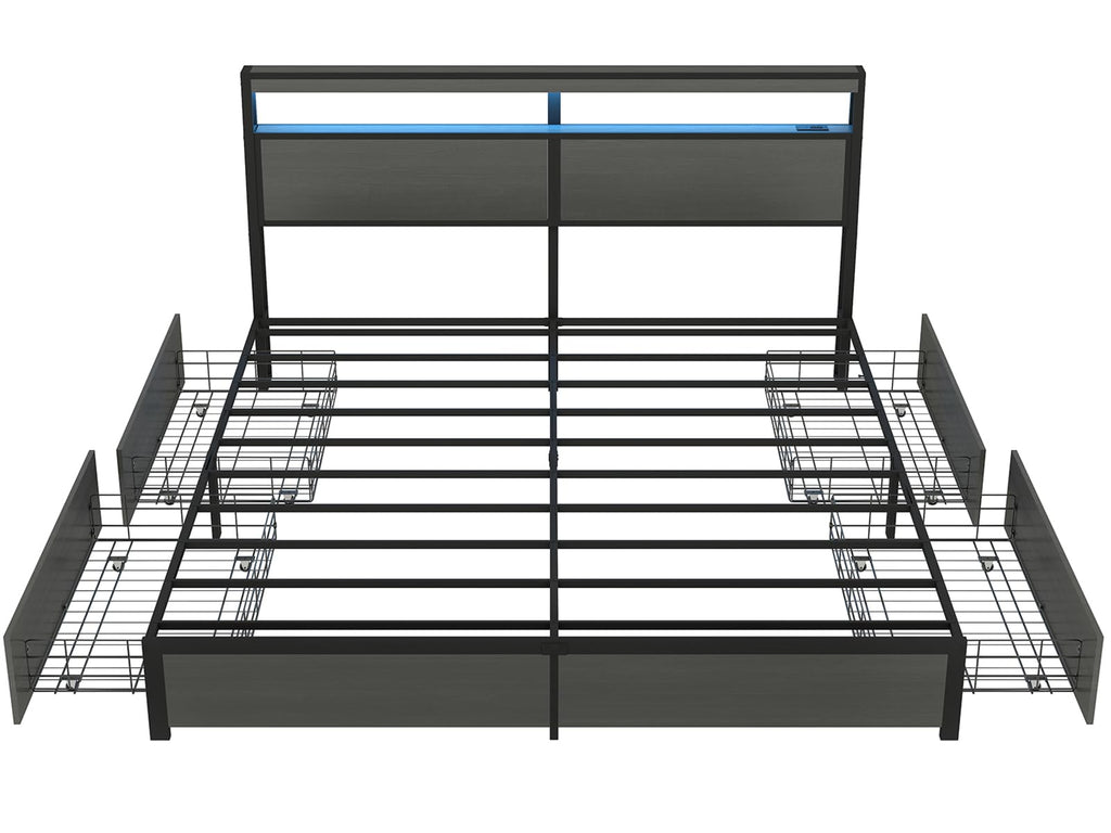 Metal Platform King Bed Frame Wood with 4 Drawers, LED Light, Charging Station, No Box Spring Needed, Noise Free, Easy Assembly, Grey