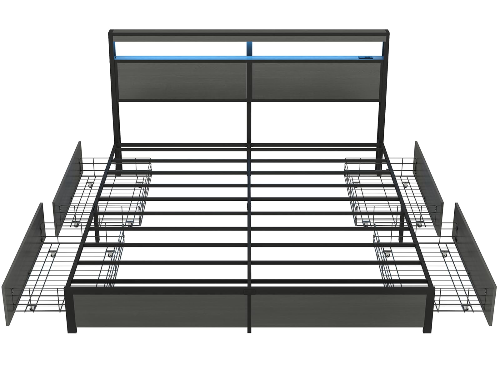 Metal Platform King Bed Frame Wood with 4 Drawers, LED Light, Charging Station, No Box Spring Needed, Noise Free, Easy Assembly, Grey