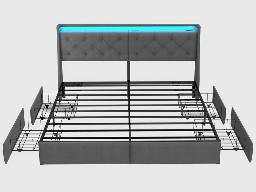 Queen Bed Frame with Storage Headboard and Drawers, Bed Frame Platform with LED Light, Charging Station, No Box Spring Needed, Noise Free, Easy Assembly, Grey
