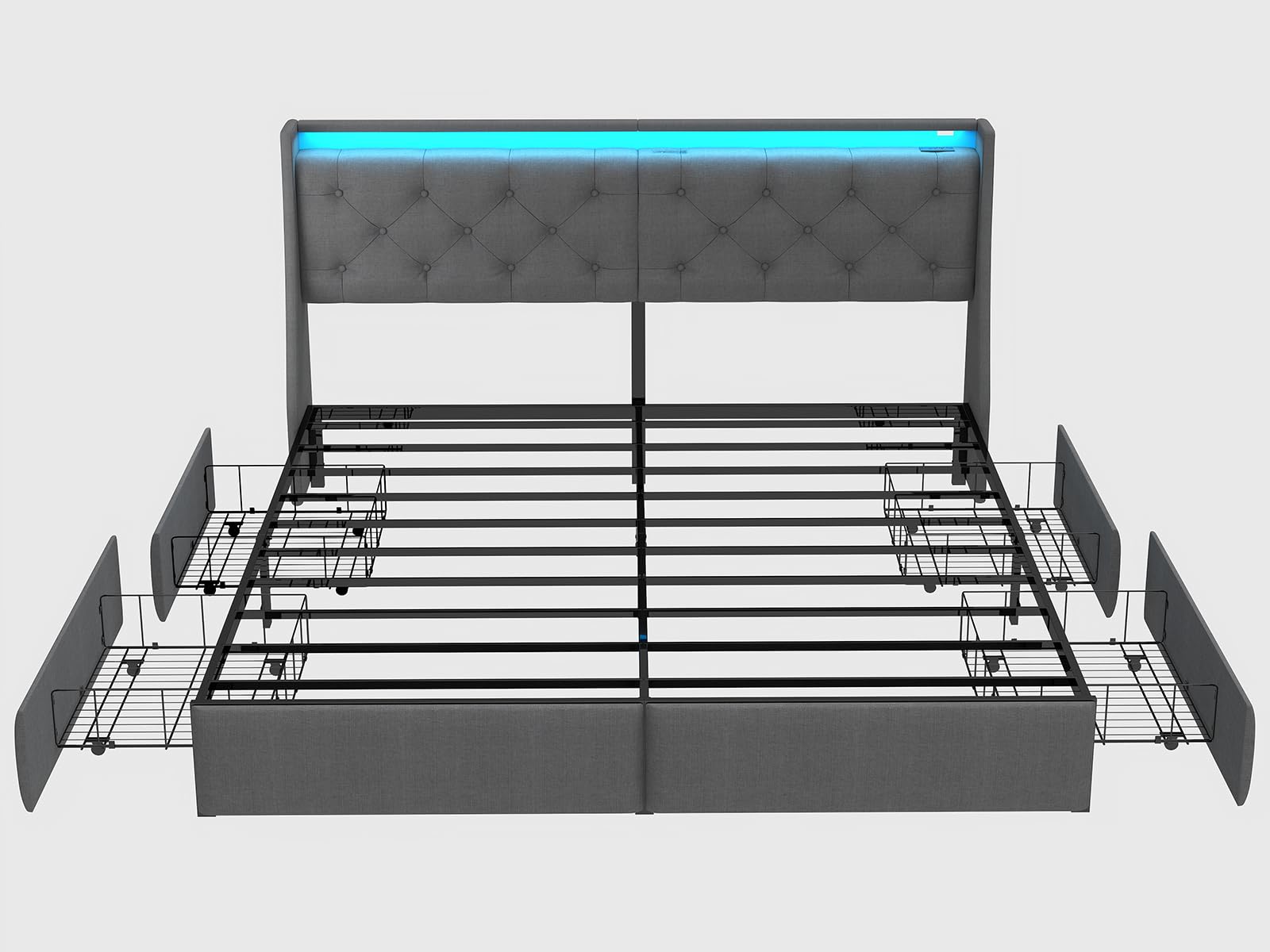 Queen Bed Frame with Storage Headboard and Drawers, Bed Frame Platform with LED Light, Charging Station, No Box Spring Needed, Noise Free, Easy Assembly, Grey