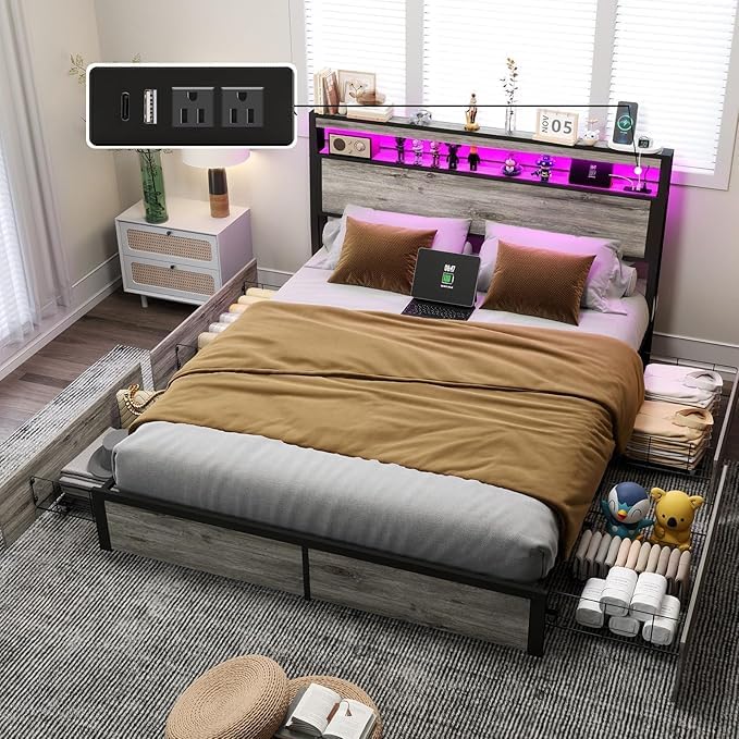 Full Size Lift Up Storage Bed Frame with Charging Station
