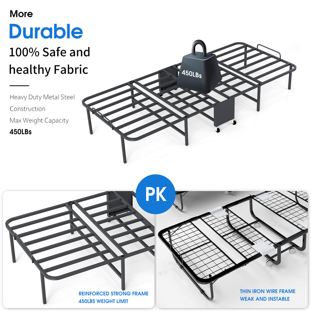 Folding Bed with Mattress, 4-Fold Metal Frame with Locking Wheels – Space Saving for Adults & College Students