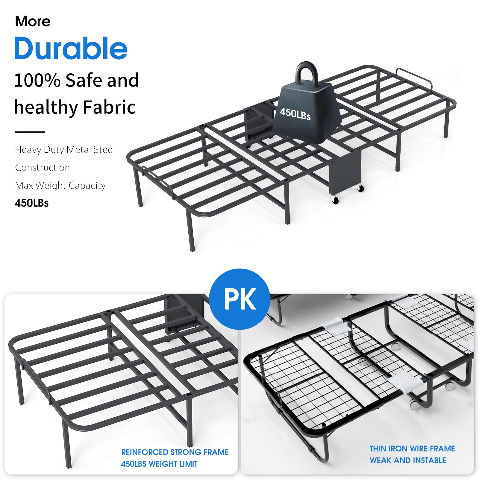 Folding Bed with Mattress, 4-Fold Metal Frame with Locking Wheels – Space Saving for Adults & College Students