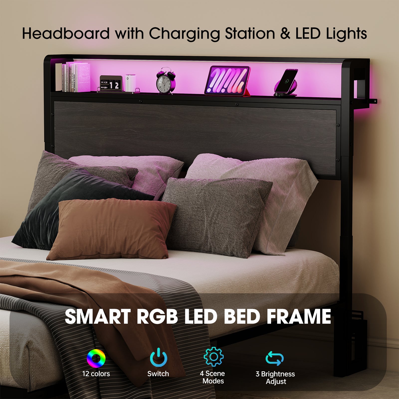 Convertible Reversible Headboard with RGB LED & Charging Station - twin/full/queen